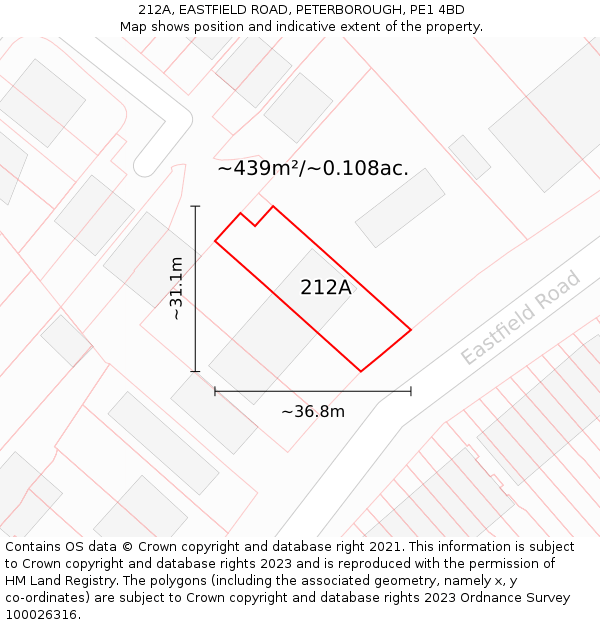 212A, EASTFIELD ROAD, PETERBOROUGH, PE1 4BD: Plot and title map