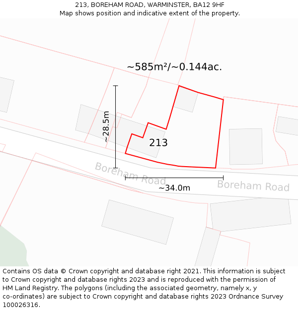 213, BOREHAM ROAD, WARMINSTER, BA12 9HF: Plot and title map