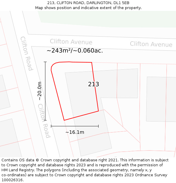 213, CLIFTON ROAD, DARLINGTON, DL1 5EB: Plot and title map