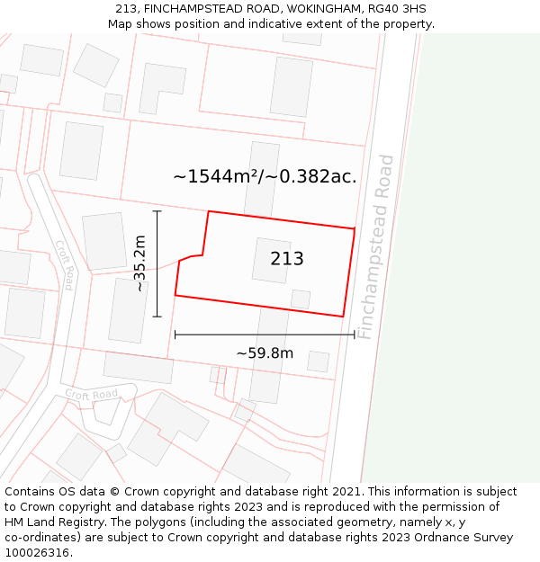 213, FINCHAMPSTEAD ROAD, WOKINGHAM, RG40 3HS: Plot and title map