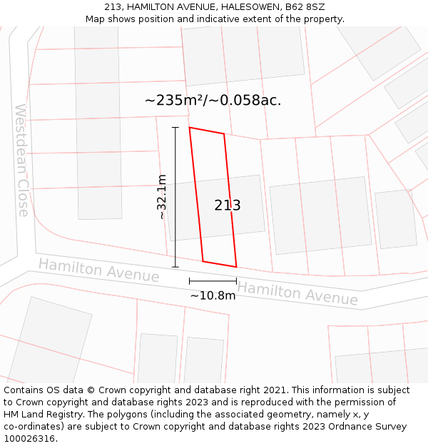 213, HAMILTON AVENUE, HALESOWEN, B62 8SZ: Plot and title map