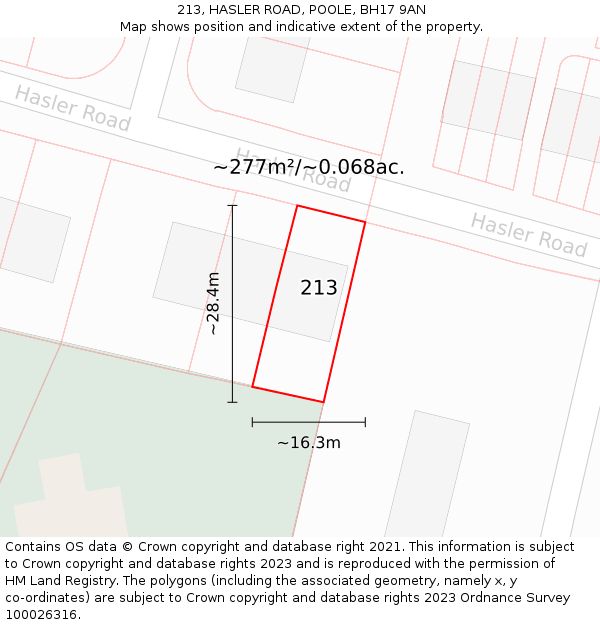 213, HASLER ROAD, POOLE, BH17 9AN: Plot and title map