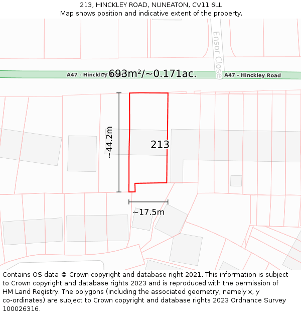 213, HINCKLEY ROAD, NUNEATON, CV11 6LL: Plot and title map