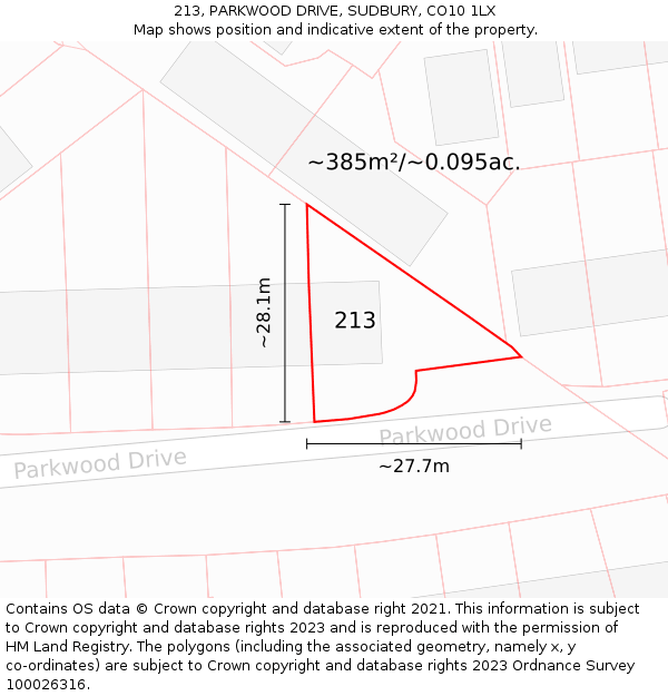 213, PARKWOOD DRIVE, SUDBURY, CO10 1LX: Plot and title map