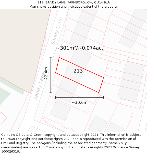 213, SANDY LANE, FARNBOROUGH, GU14 9LA: Plot and title map