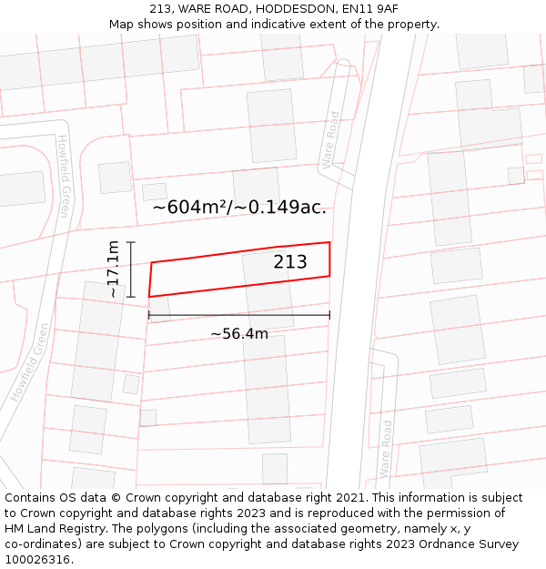 213, WARE ROAD, HODDESDON, EN11 9AF: Plot and title map