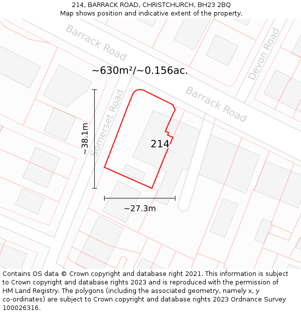 214, BARRACK ROAD, CHRISTCHURCH, BH23 2BQ: Plot and title map