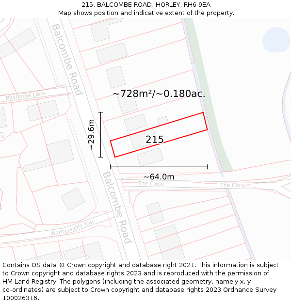 215, BALCOMBE ROAD, HORLEY, RH6 9EA: Plot and title map