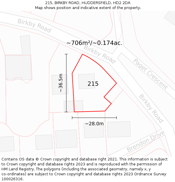 215, BIRKBY ROAD, HUDDERSFIELD, HD2 2DA: Plot and title map