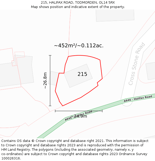 215, HALIFAX ROAD, TODMORDEN, OL14 5RX: Plot and title map