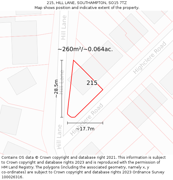 215, HILL LANE, SOUTHAMPTON, SO15 7TZ: Plot and title map