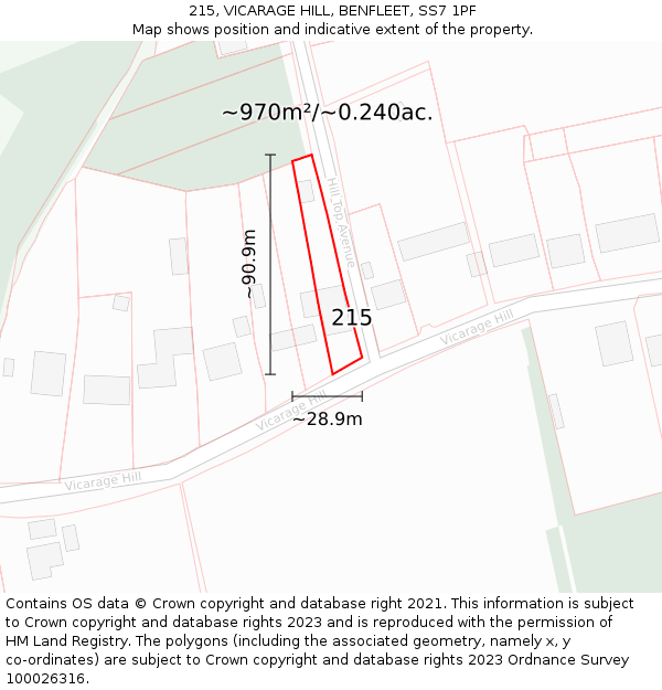 215, VICARAGE HILL, BENFLEET, SS7 1PF: Plot and title map