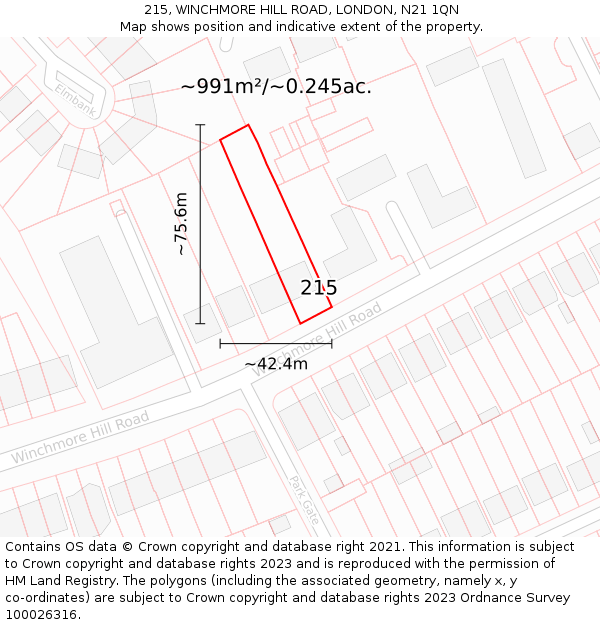 215, WINCHMORE HILL ROAD, LONDON, N21 1QN: Plot and title map