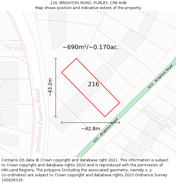 216, BRIGHTON ROAD, PURLEY, CR8 4HB: Plot and title map