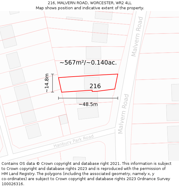 216, MALVERN ROAD, WORCESTER, WR2 4LL: Plot and title map