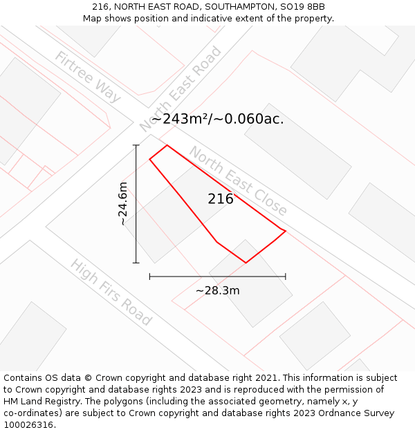 216, NORTH EAST ROAD, SOUTHAMPTON, SO19 8BB: Plot and title map