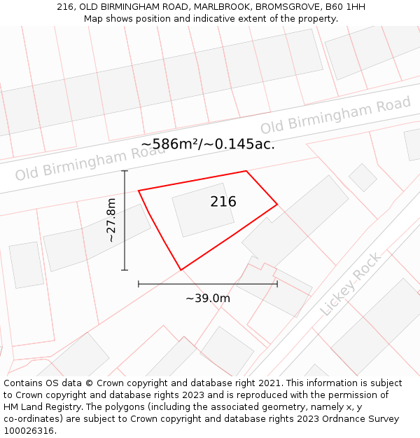 216, OLD BIRMINGHAM ROAD, MARLBROOK, BROMSGROVE, B60 1HH: Plot and title map