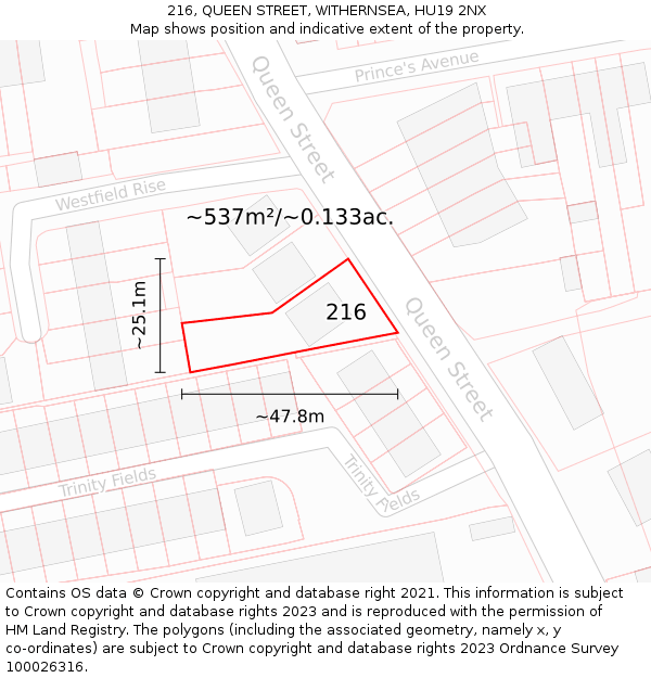 216, QUEEN STREET, WITHERNSEA, HU19 2NX: Plot and title map