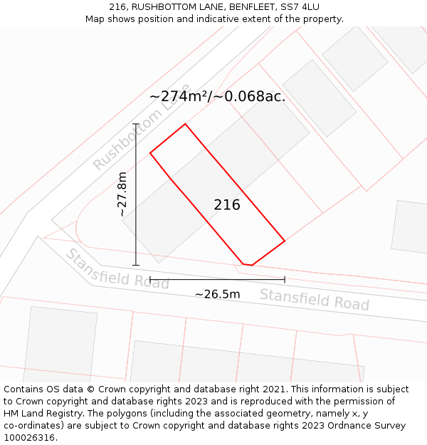 216, RUSHBOTTOM LANE, BENFLEET, SS7 4LU: Plot and title map