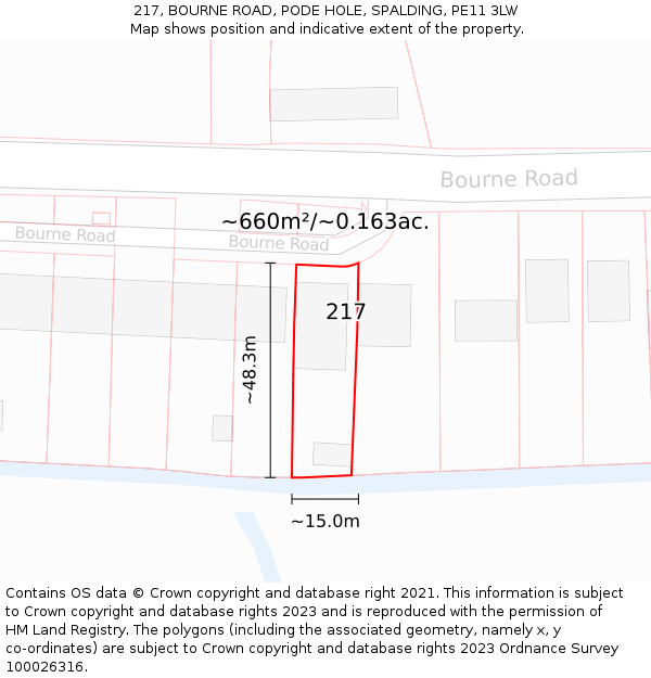 217, BOURNE ROAD, PODE HOLE, SPALDING, PE11 3LW: Plot and title map