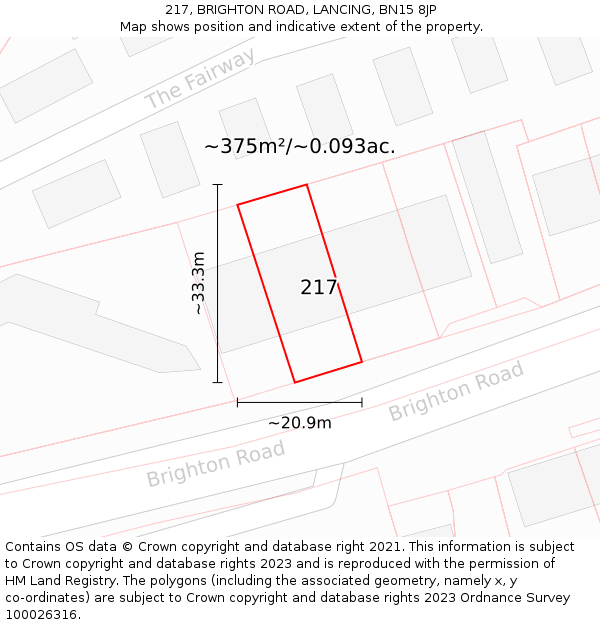 217, BRIGHTON ROAD, LANCING, BN15 8JP: Plot and title map