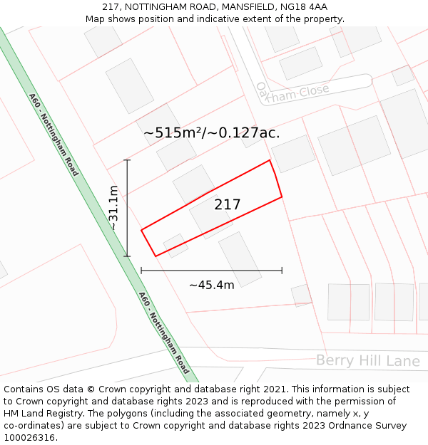 217, NOTTINGHAM ROAD, MANSFIELD, NG18 4AA: Plot and title map