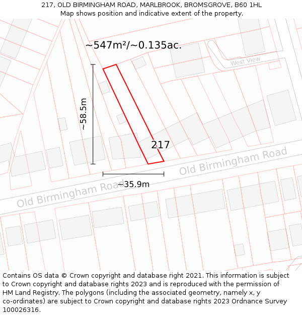 217, OLD BIRMINGHAM ROAD, MARLBROOK, BROMSGROVE, B60 1HL: Plot and title map