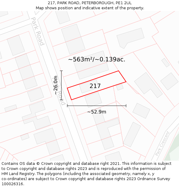 217, PARK ROAD, PETERBOROUGH, PE1 2UL: Plot and title map