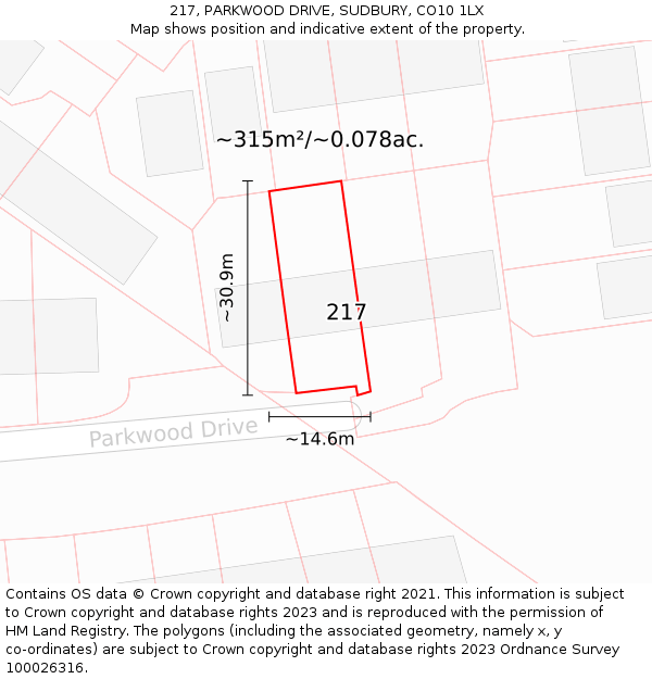 217, PARKWOOD DRIVE, SUDBURY, CO10 1LX: Plot and title map