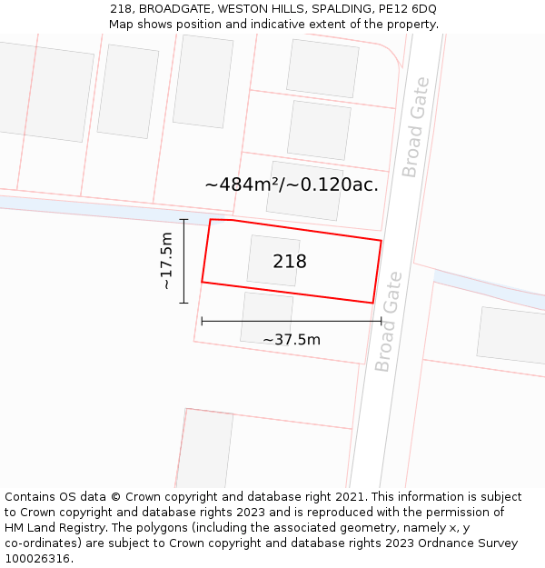 218, BROADGATE, WESTON HILLS, SPALDING, PE12 6DQ: Plot and title map