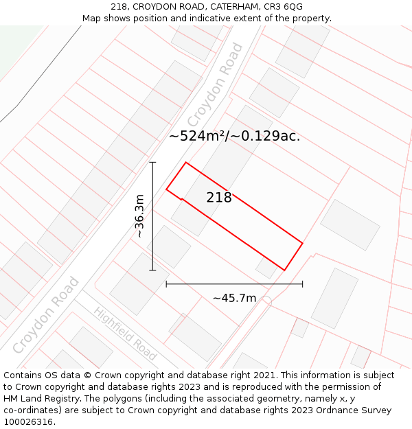 218, CROYDON ROAD, CATERHAM, CR3 6QG: Plot and title map