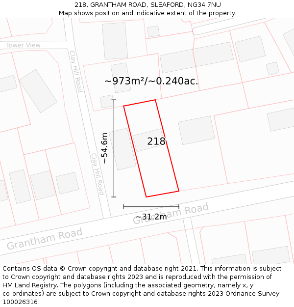 218, GRANTHAM ROAD, SLEAFORD, NG34 7NU: Plot and title map