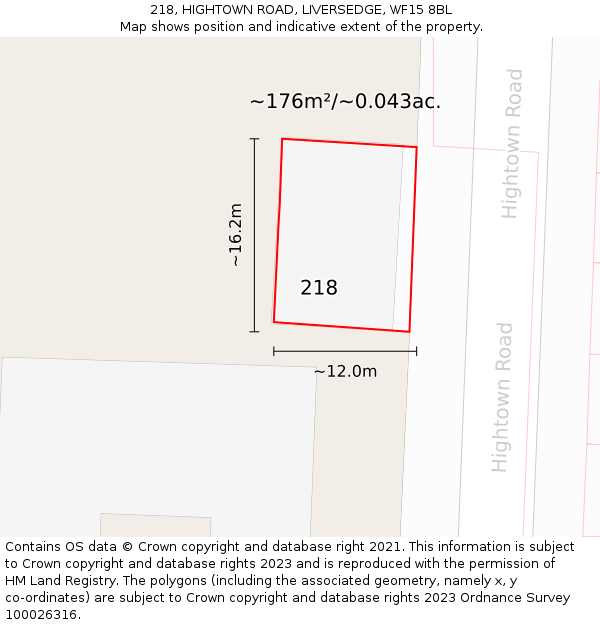 218, HIGHTOWN ROAD, LIVERSEDGE, WF15 8BL: Plot and title map