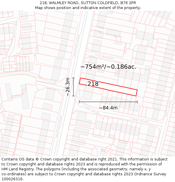 218, WALMLEY ROAD, SUTTON COLDFIELD, B76 2PR: Plot and title map