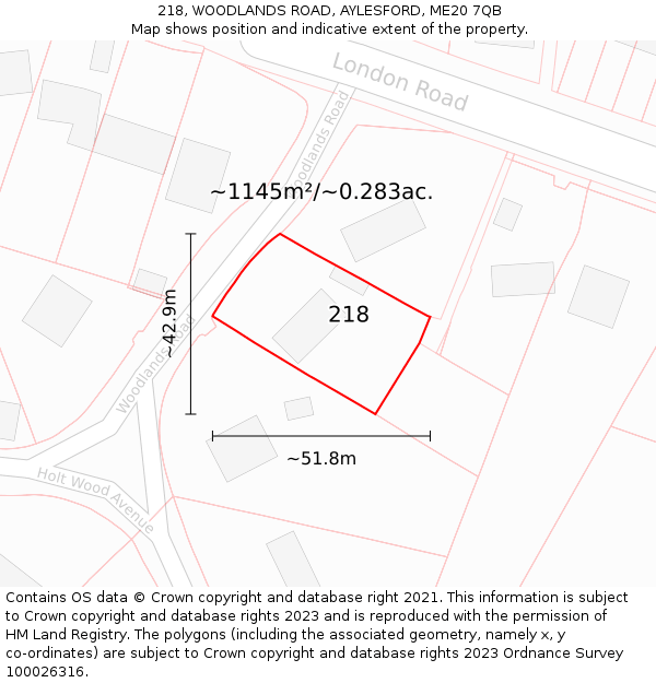 218, WOODLANDS ROAD, AYLESFORD, ME20 7QB: Plot and title map