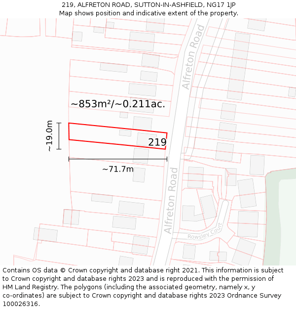 219, ALFRETON ROAD, SUTTON-IN-ASHFIELD, NG17 1JP: Plot and title map