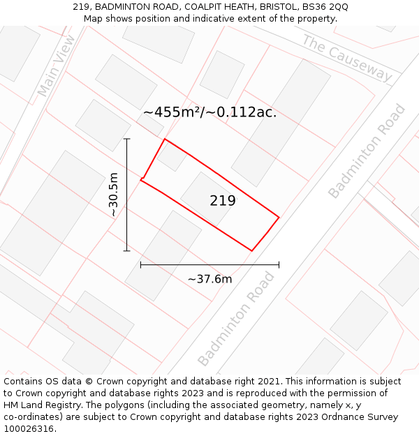 219, BADMINTON ROAD, COALPIT HEATH, BRISTOL, BS36 2QQ: Plot and title map