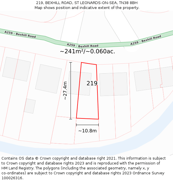 219, BEXHILL ROAD, ST LEONARDS-ON-SEA, TN38 8BH: Plot and title map