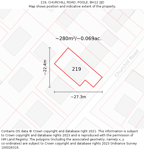 219, CHURCHILL ROAD, POOLE, BH12 2JD: Plot and title map