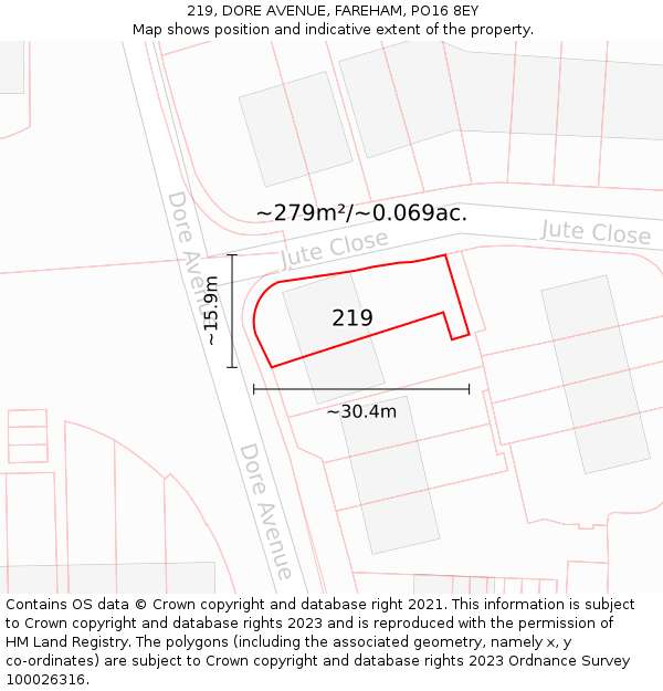 219, DORE AVENUE, FAREHAM, PO16 8EY: Plot and title map