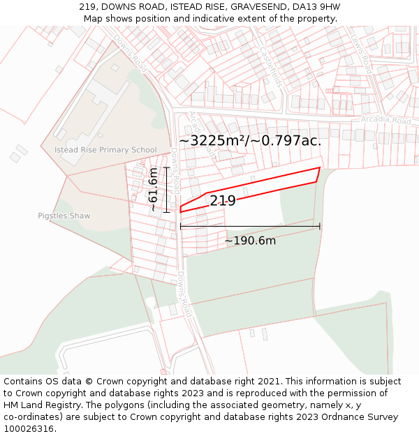 219, DOWNS ROAD, ISTEAD RISE, GRAVESEND, DA13 9HW: Plot and title map