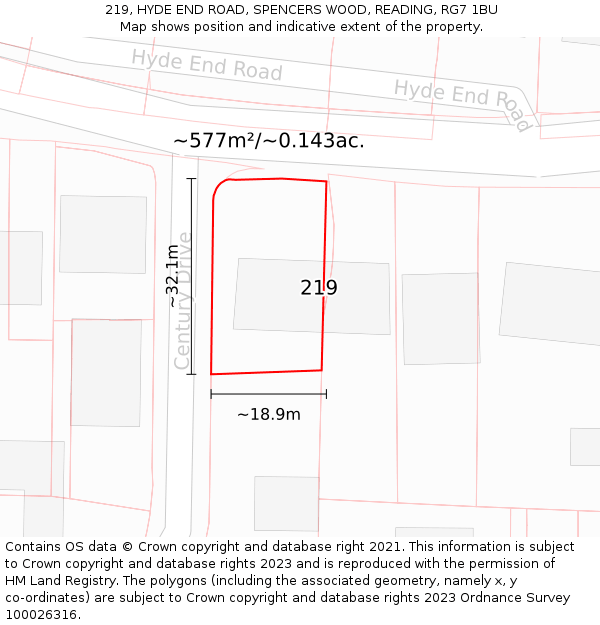 219, HYDE END ROAD, SPENCERS WOOD, READING, RG7 1BU: Plot and title map