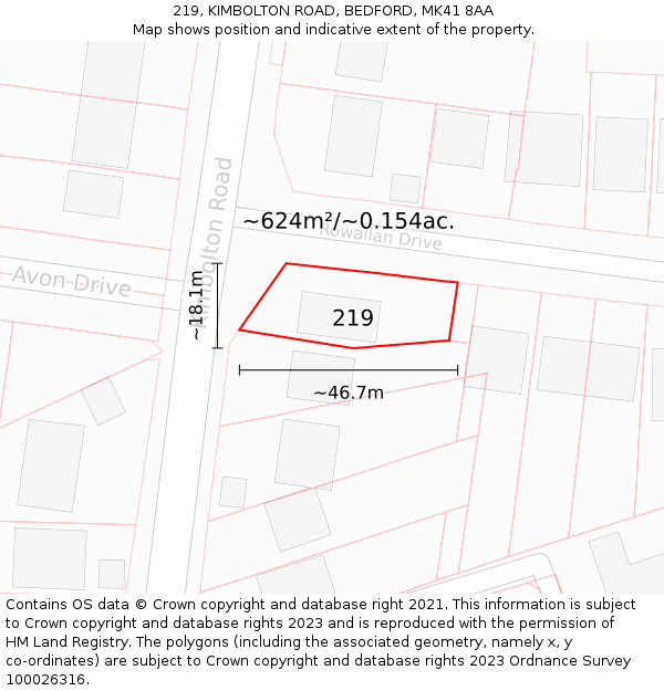 219, KIMBOLTON ROAD, BEDFORD, MK41 8AA: Plot and title map