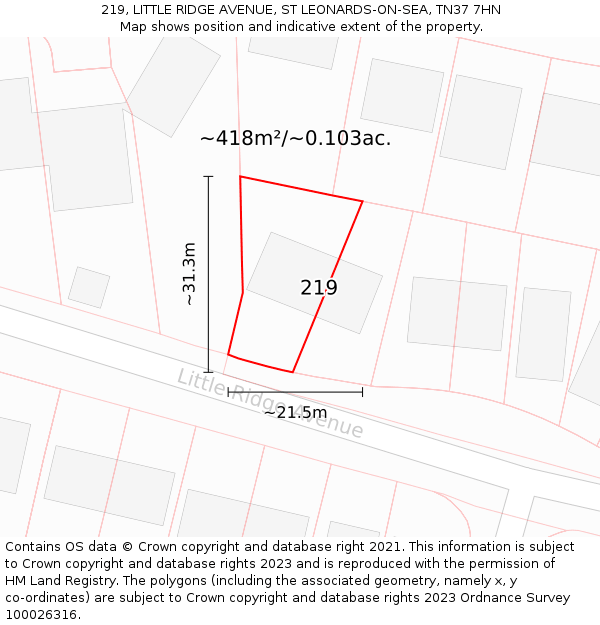 219, LITTLE RIDGE AVENUE, ST LEONARDS-ON-SEA, TN37 7HN: Plot and title map