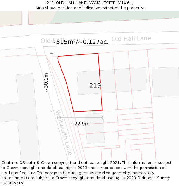 219, OLD HALL LANE, MANCHESTER, M14 6HJ: Plot and title map