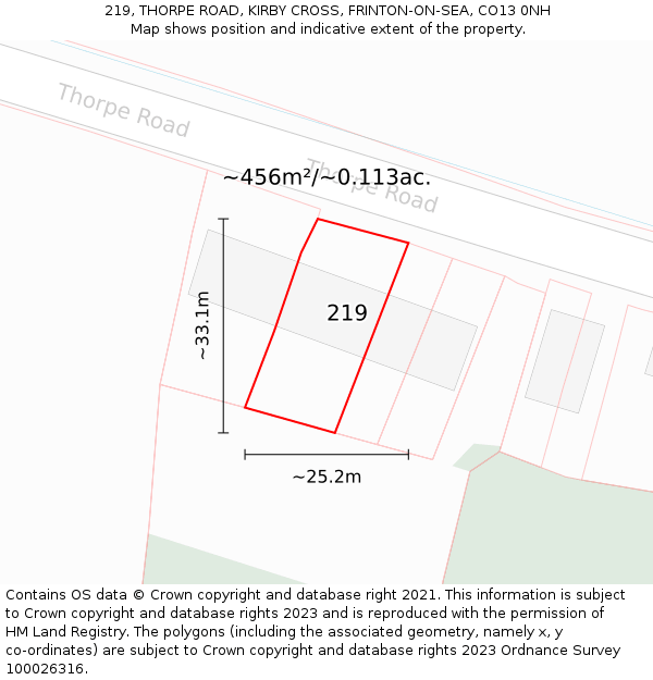 219, THORPE ROAD, KIRBY CROSS, FRINTON-ON-SEA, CO13 0NH: Plot and title map