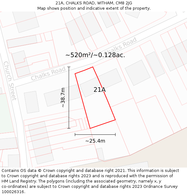 21A, CHALKS ROAD, WITHAM, CM8 2JG: Plot and title map