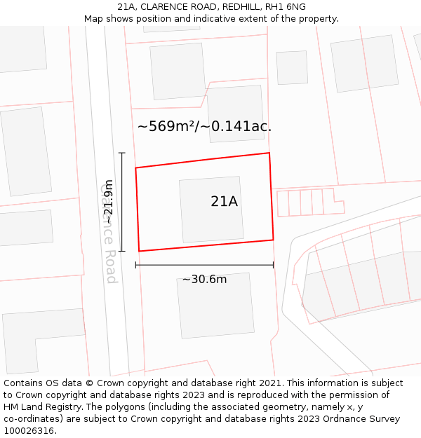 21A, CLARENCE ROAD, REDHILL, RH1 6NG: Plot and title map