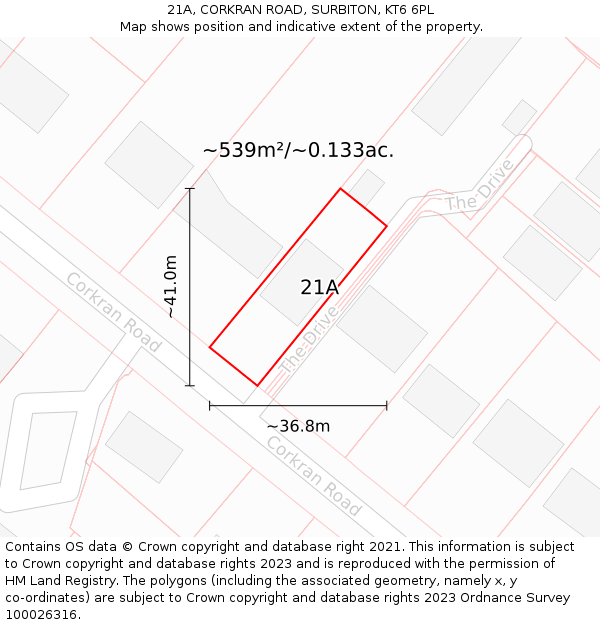 21A, CORKRAN ROAD, SURBITON, KT6 6PL: Plot and title map