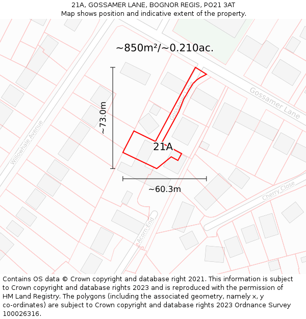 21A, GOSSAMER LANE, BOGNOR REGIS, PO21 3AT: Plot and title map